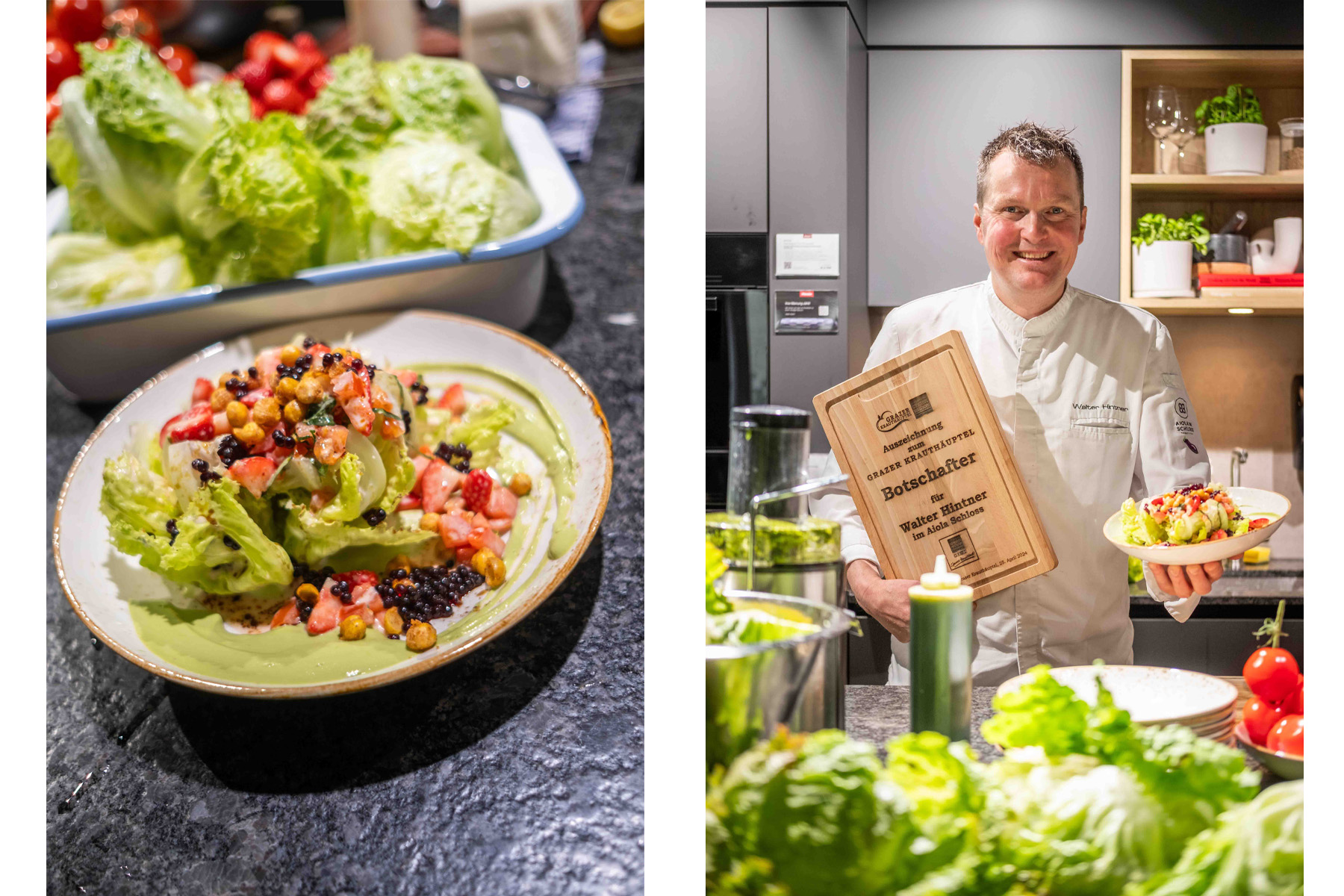 Die Siegerspeise beim Rezeptwettbewerb von Koch Walter Hintner, Aiola im Schloss: Zweierlei vom Grazer Krauthäuptel, sommerlich mariniert mit einer Erdbeer-Paradeiser-Vinaigrette auf geeister Krauthäuptel-Schafskäse-Creme, serviert mit gepufften steirischen Kichererbsen und zuletzt noch verfeinert mit exquisitem Kürbiskernöl-Kaviar.  