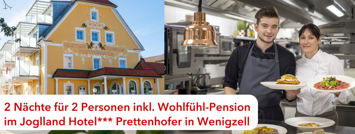 Collage: Gewinnspiel 2 Nächte für 2 Personen im Joglland Hotel Prettenhofer: links Außeansicht Hotel mit gelber Fassade, rechts Frau und junger Mann in Gastroküche schauen in die Kamera, haben Teller mit Essen in der Hand.