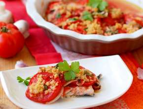 Zander mit Paradeis und Champignons überbacken