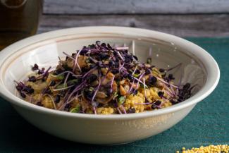 Hirsotto mit Champignons und Sprossen