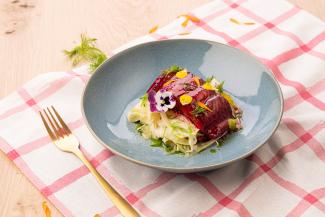 Wels im Rote-Rüben-Lack auf Fenchelsalat