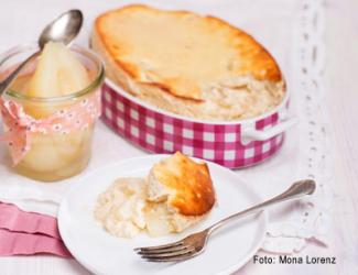 Topfenauflauf mit Kompottbirnen