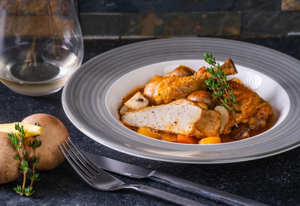 Coq au Veltliner vom Perlhuhn