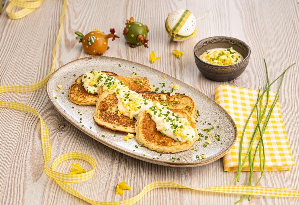 Erdäpfelpancakes mit Eiercreme