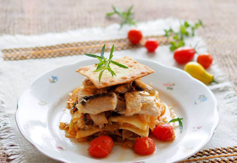 Lasagne mit Karpfenfilets und Paradeiserkraut 