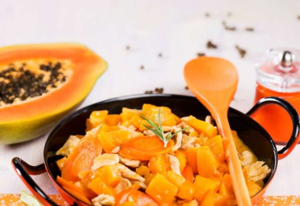 Süß-saures Putenfleisch mit Muskatkürbis und Papaya