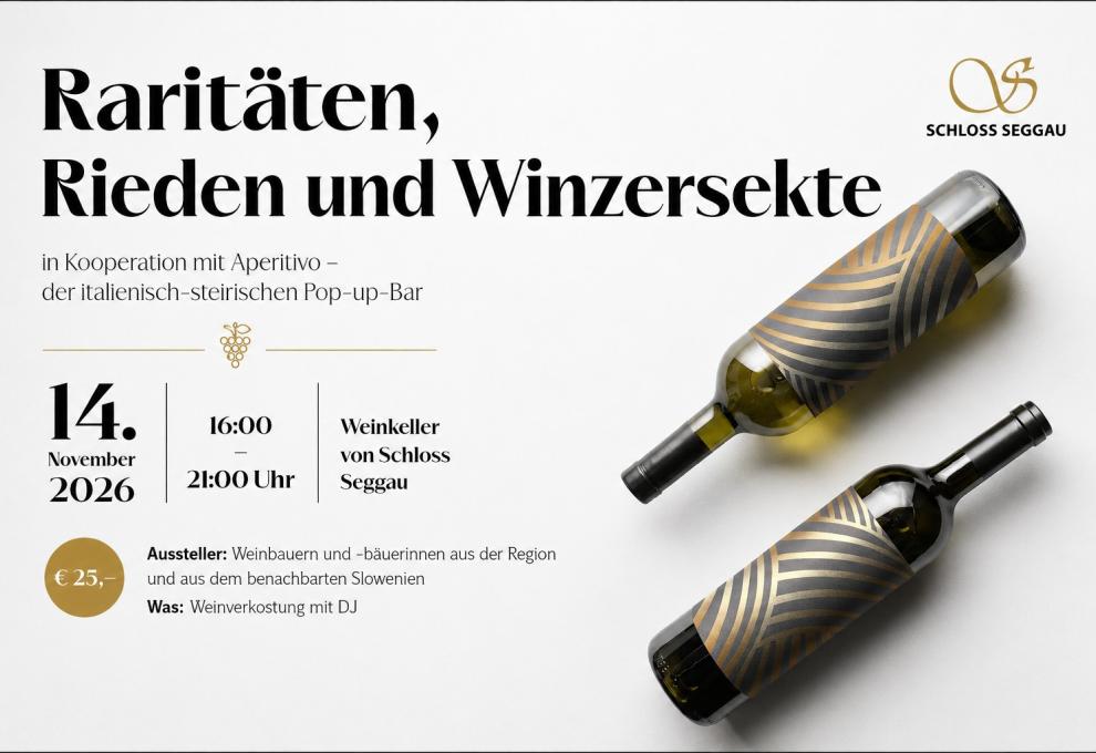 Sujet für Veranstaltung Raritäten, Rieden und Winzersekte am 14. November 2026 im Schloss Seggau mit 2 Weinflaschen