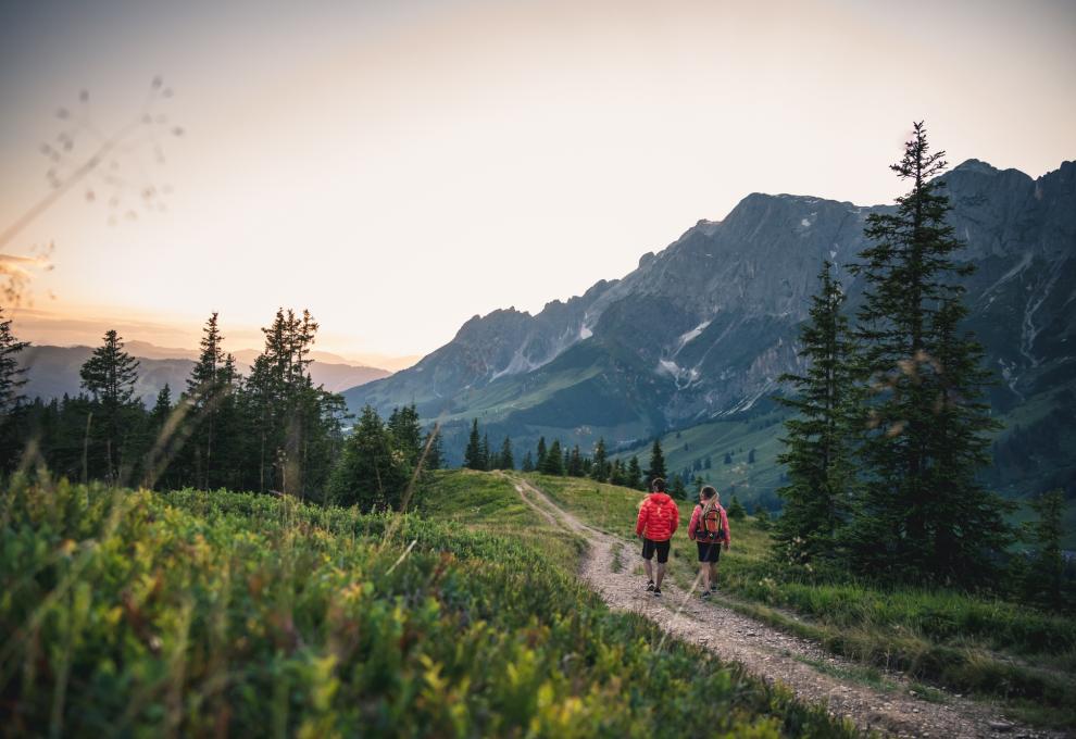Zwei Wanderer auf Schotterweg, dahinter hohe Berge