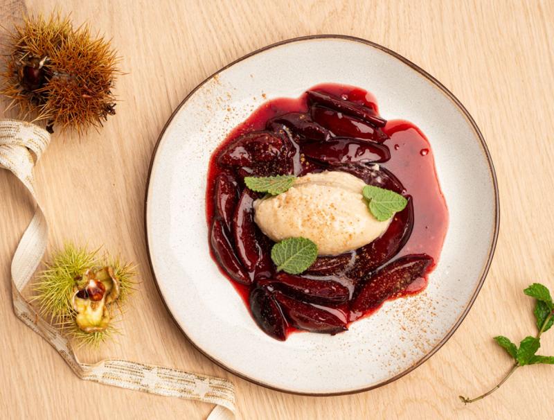 Kastanienmousse mit Portweinzwetschken