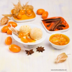 Physalis-Marillen-Eis mit Gewürz-Kumquats