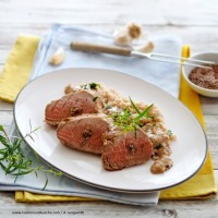 Gefüllter Schweinslungenbraten in Leinsamen-Senfsauce